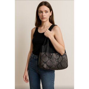 Daniella Lehavi Personals Oversized Snake Print Tote Bag Black Gray Leather